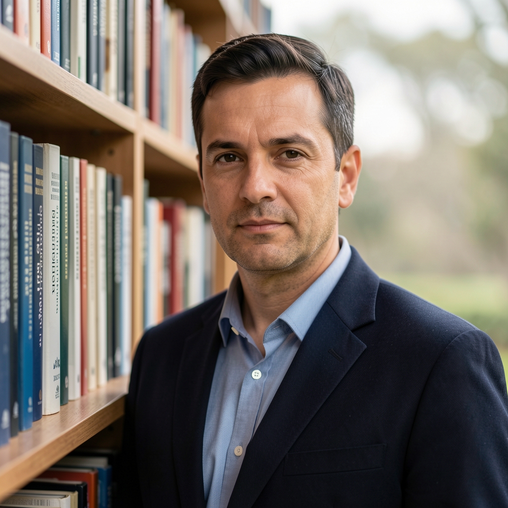 Portrait of a man in his mid-forties standing by a bookshelf filled with research volumes, wearing a dark jacket, calm and considered expression, studio lighting
